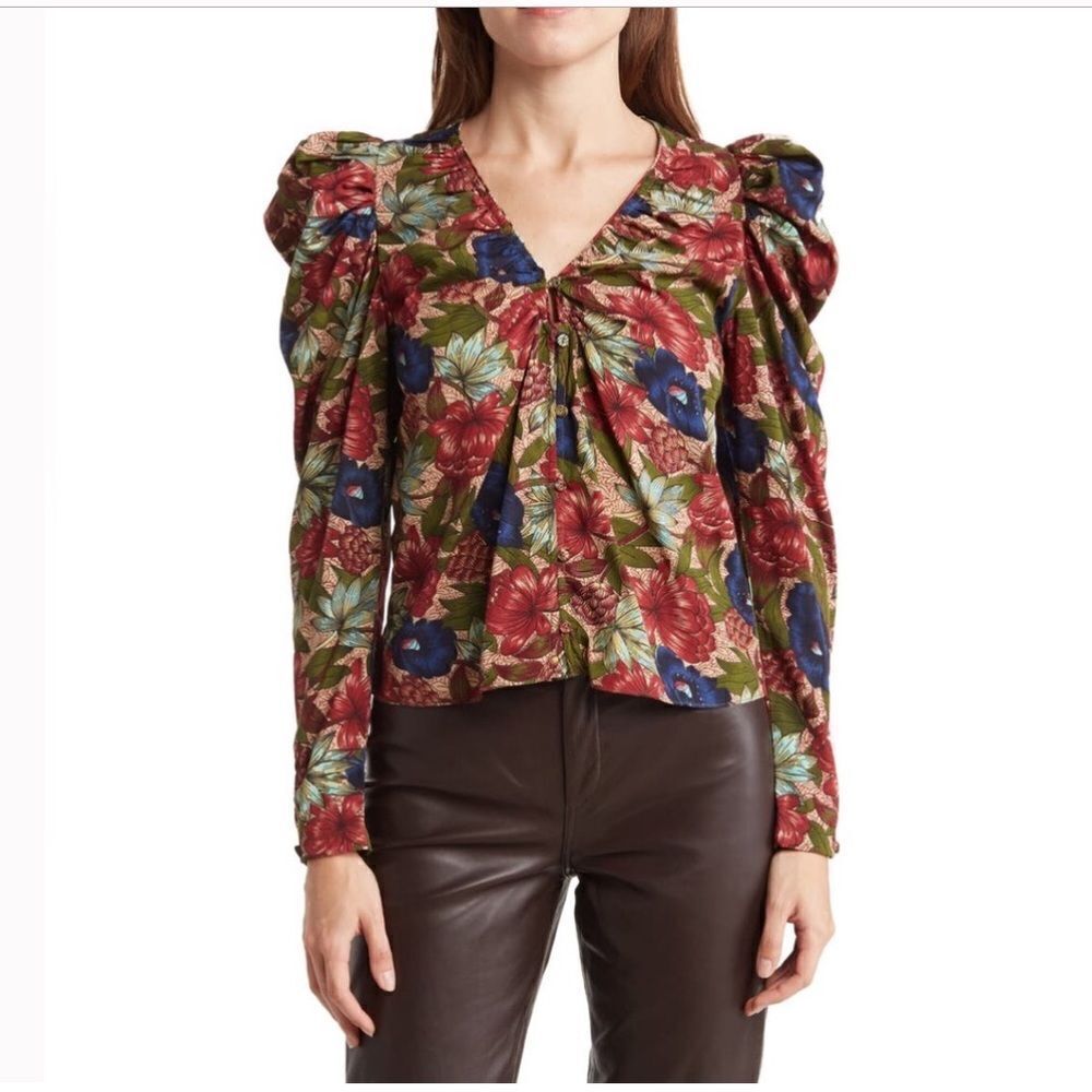 Walter Baker Vanessa Long Puff Sleeve Royal Garden Floral Top Size Small